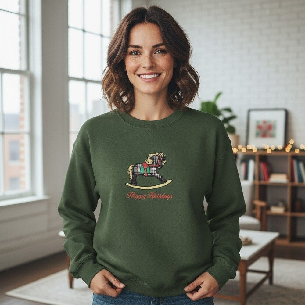 Vintage Holiday Time Sweatshirt Size XL ?? Green Happy Holidays Rocking Horse